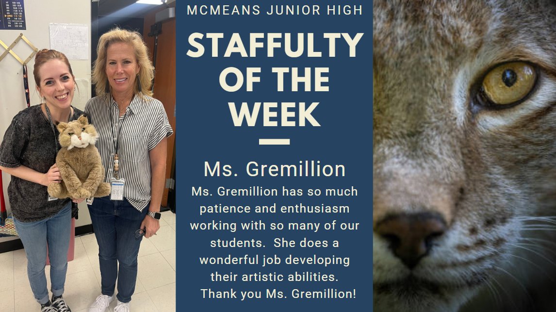 McMeansJrHigh's tweet photo. Shout out to Ms. Gremillion our MMJH Staffulty of the Week!  Thank you Ms. Gremillion for everything that you do for our campus! #watchmmjhlead https://t.co/JtvkfgyVUa