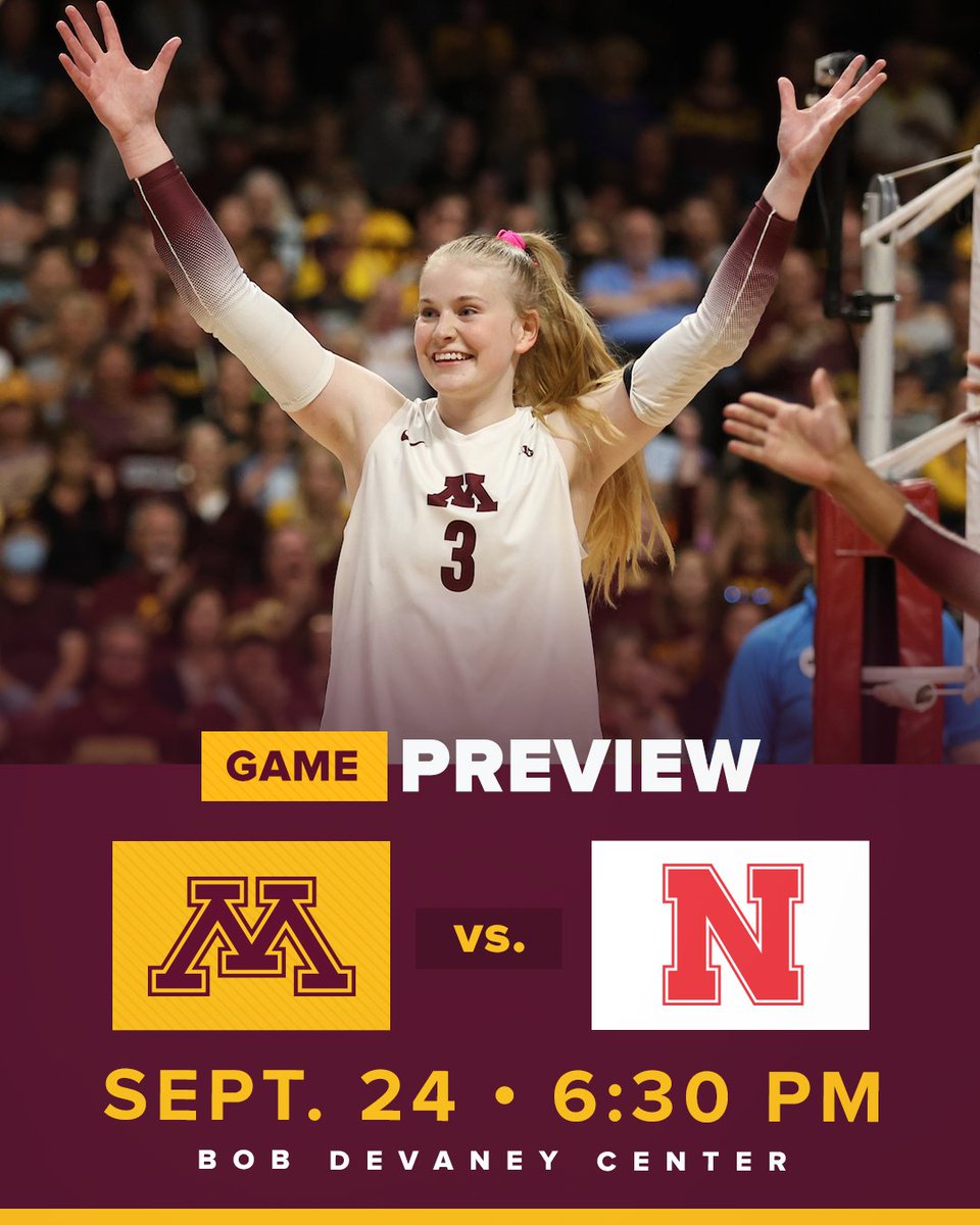 GopherVBall's tweet photo. 𝐒𝐮𝐧𝐝𝐚𝐲 𝐍𝐢𝐠𝐡𝐭 𝐕𝐨𝐥𝐥𝐞𝐲𝐛𝐚𝐥𝐥 🏐

The No. 12 #Gophers and No. 2 Huskers are set to battle tomorrow night at 6:30 p.m. on @BigTenNetwork in a primetime conference clash.

https://t.co/bYK6q3DBlD https://t.co/zDKxyPGrv6