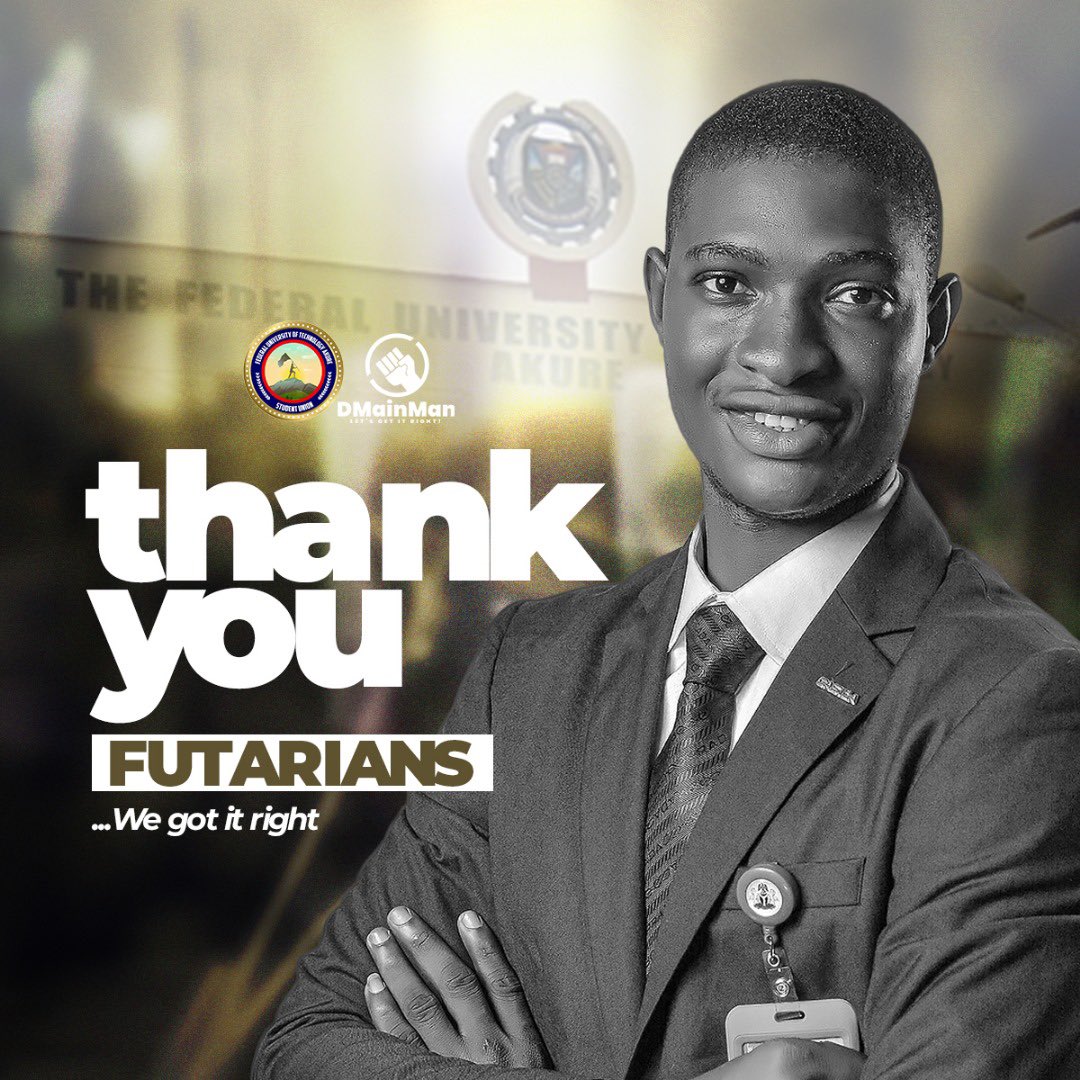 DmainmanOFFUTA's tweet photo. I'm very grateful for this privilege. I will use it to the totality of my ability to make the life of every FUTArian to be much better than before.

Thank you all for this mandate ✊🏻✊🏻✊🏻 https://t.co/UClcmTkKFM