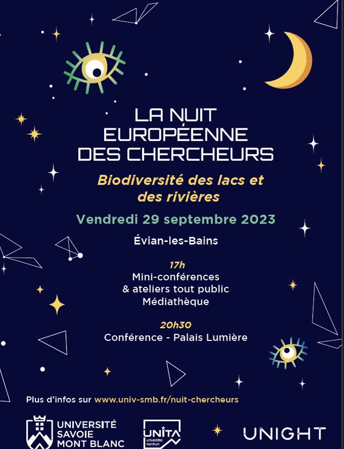 Next friday: European Researchers' Night
Theme: biodiversity in lakes and rivers

Workshops (in 🇫🇷 and english) and conferences in 🇫🇷 open to the public and coregonid2023 participants
<a href="/Univ_Savoie/">UnivSavoieMontBlanc</a> <a href="/INRAE_France/">INRAE</a> <a href="/UmrCarrtel/">UmrCarrtel</a> <a href="/evian_ville/">Ville d'Evian</a> <a href="/ClusterEau/">Cluster Eau Lémanique - Evian</a>