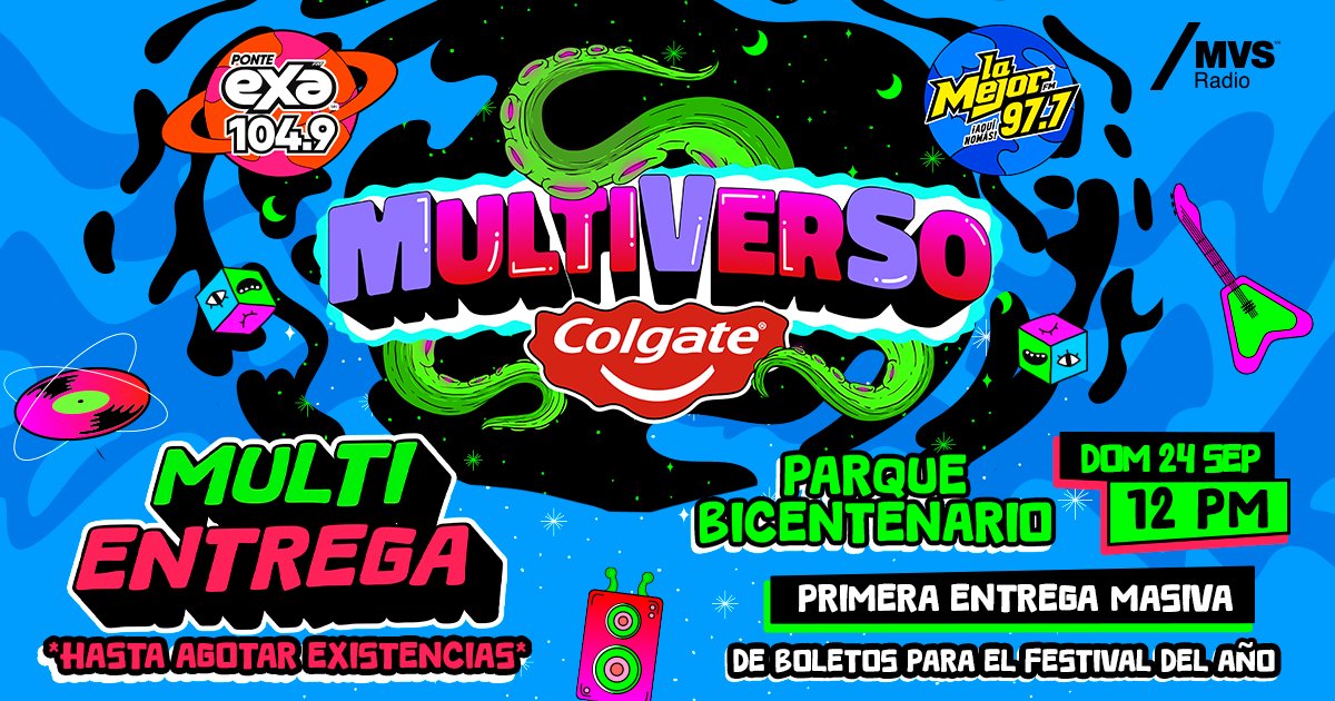 LaMejor's tweet photo. ¡Nos vemos en un rato!
Hoy domingo tenemos la #Multientrega de boletos para el festival #multiverso2023 en Parque Bicentenario.
No te la puedes perder, no te quedes sin los tuyos. 🪐👽🔥 https://t.co/5XnOnFLgiX