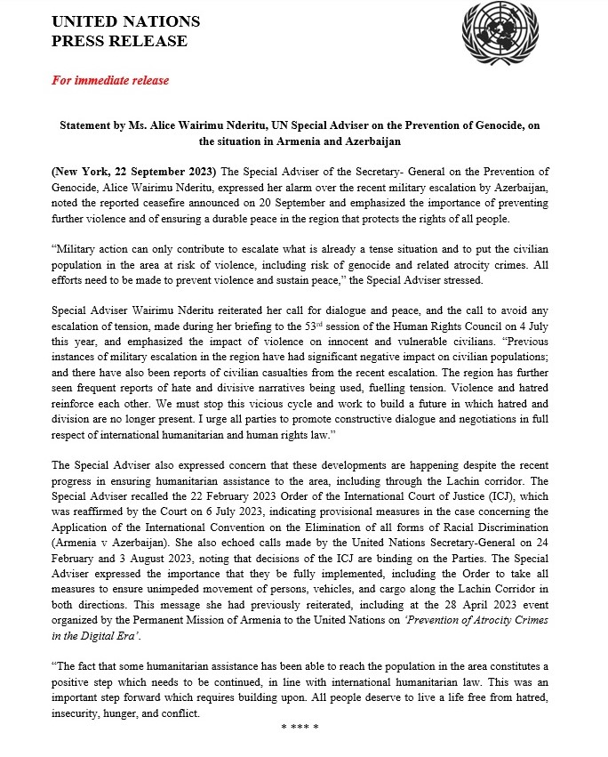 UNOSAPG's tweet image. 📍 Latest statement by @UN Under-Secretary-General &amp;amp; Special Adviser on the Prevention of Genocide @WairimuANderitu on the situation in #Armenia and #Azerbaijan, stressing importance of preventing further violence &amp;amp; ensuring durable peace in the region.

📰un.org/en/genocidepre…