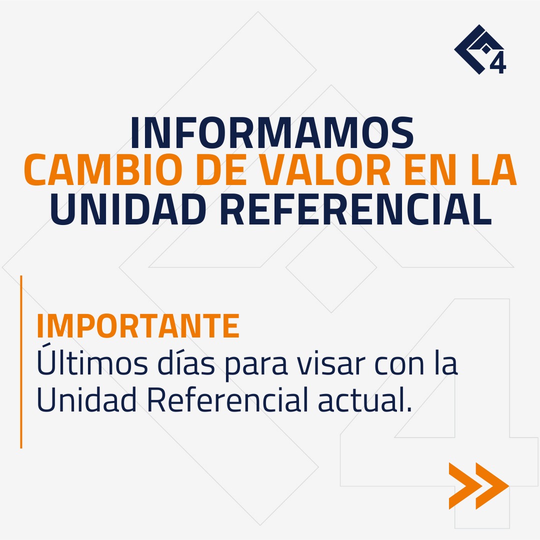 CAPBA4's tweet photo. CAMBIO DE VALOR EN LA UNIDAD REFERENCIAL A PARTIR DEL 1º DE OCTUBRE DEL 2023    

✴️ ÚLTIMOS DÍAS PARA VISAR CON LA UNIDAD REFERENCIAL ACTUAL    

Cualquier duda o consulta comunicate con nuestras delegaciones. https://t.co/C5mE7BEcYX