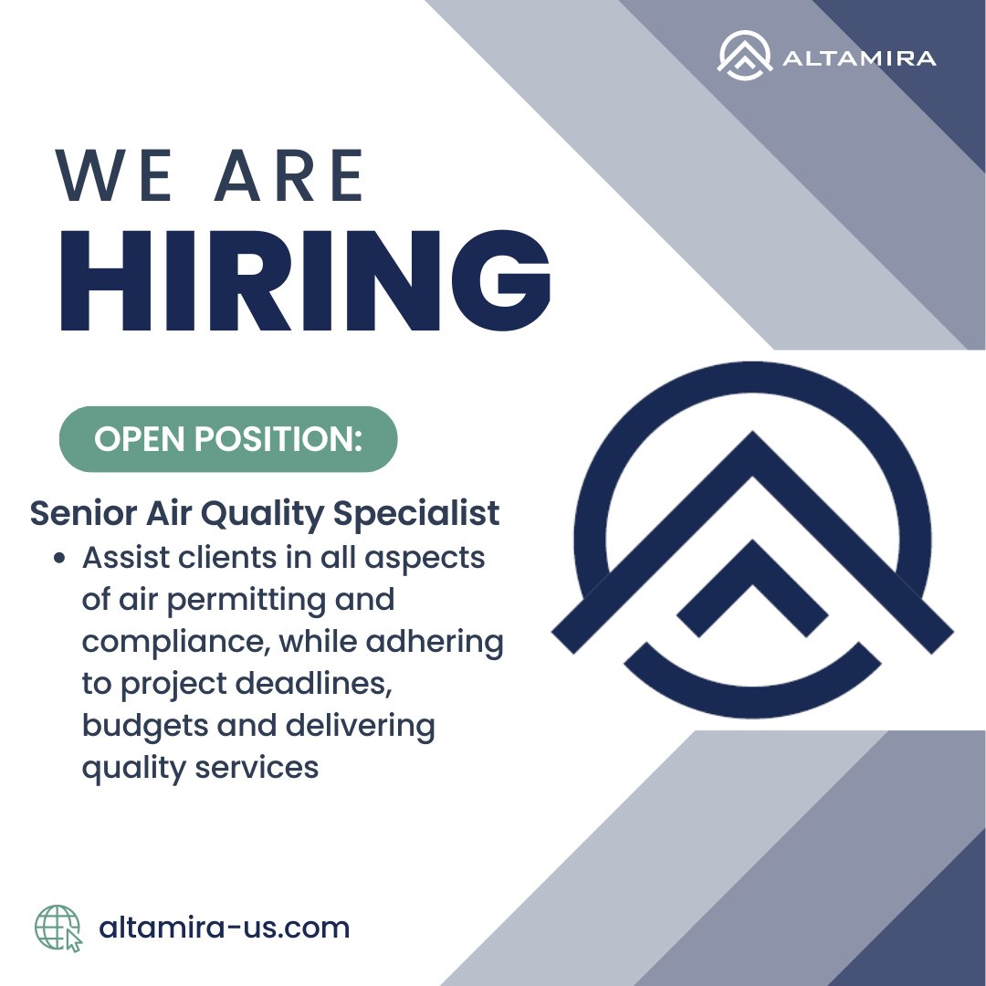 altamira_us's tweet photo. Altamira is searching for qualified individuals to be a part of our growing team. Learn more about how you can join our Altamira family at https://t.co/NWH0yRhUAv!
#Hiring #Altamira #Environmental https://t.co/Sv8IV1zFw7
