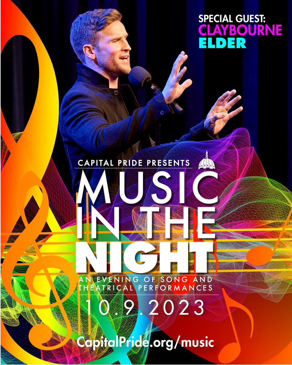CapitalPrideDC's tweet photo. Broadway superstar, @Claybourneelder will be gracing the Music in the Night stage! Join us for a magical night of music &amp; theatrical performances w/ a dinner theater experience, on Mon., 10/9, hosted by @pennsocialdc!  For more info, visit https://t.co/PGRbYbOoFO 🎼 @mn2sofficial https://t.co/FPRpZDrkTu