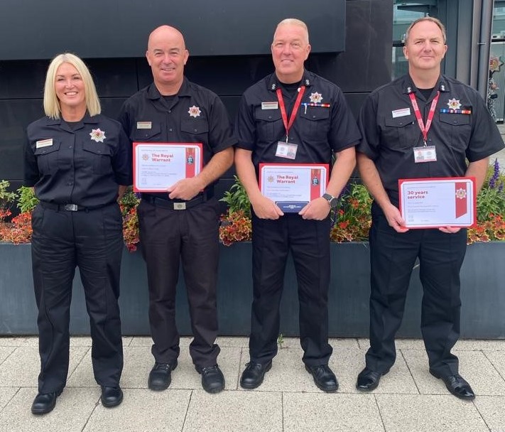 Congratulations to Watch Commanders Alex Lindsay and Andrew Halkett, and Firefighters Gillian McDonnell and Barry McAulay, on being awarded well-earned Long Service and Good Conduct Medals and Clasps today.

Thank you for your invaluable service to our local communities.