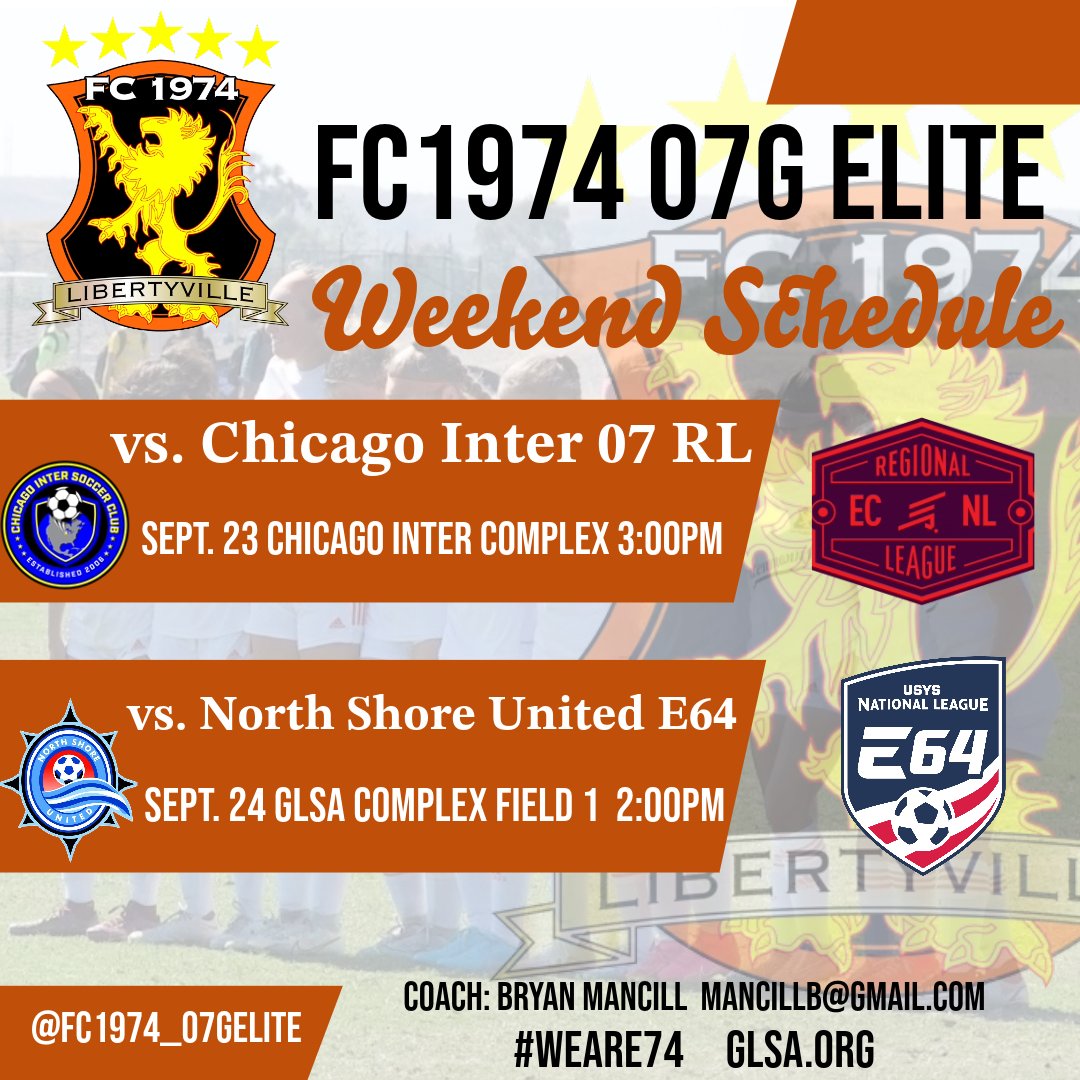 Another busy weekend of soccer. Starting with a matchup with @chicagoINTER07 on Saturday. <a href="/CoachBMancill/">Bryan Mancill</a> <a href="/FC1974GLSA/">GLSA FC 1974 Libertyville</a> <a href="/ImYouthSoccer/">ECNL/GA/Recruiting/College Soccer</a> <a href="/RainaSoccer/">Raina Schmitt</a> <a href="/JohannaMSoccer/">Johanna Machado</a> <a href="/skylerFC1974/">Skyler Sullivan</a> <a href="/shannonphips/">Shannon Phillips</a> <a href="/SofiaOgren2025/">Sofia Ogren</a> <a href="/MeghanOd07/">Meghan O’Donnell</a> <a href="/dahlia_r14/">Dahlia Rodriguez</a> <a href="/Tessmcgorm13/">Tess McGormley</a> <a href="/annaegeorge/">Anna George</a> <a href="/ellarsager/">Ella Sager</a> <a href="/Smileski17/">Srgjan Smileski</a>