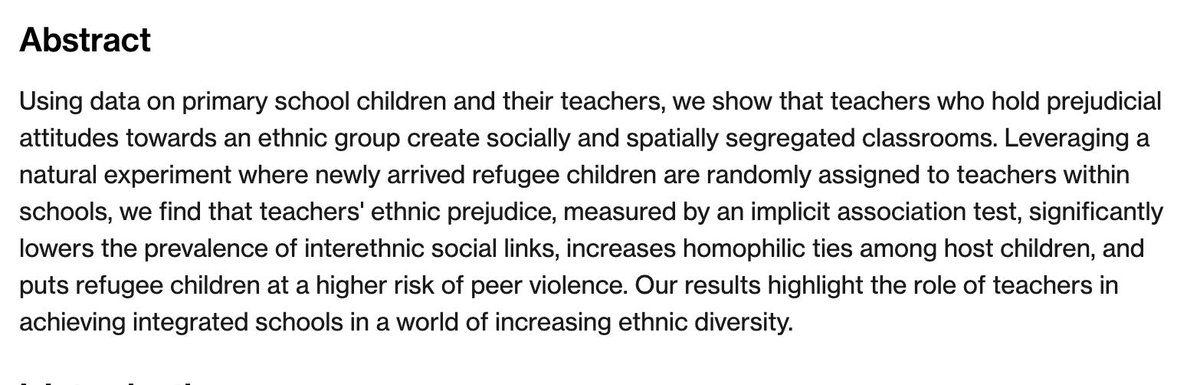 @restatjournal 'Social Exclusion and Ethnic Segregation in Schools: The Role of Teachers' Ethnic Prejudice' co-authored by @sulealan_econ, Enes Duysak, @elifkubilay, and @MumcuIpek: direct.mit.edu/rest/article/1…