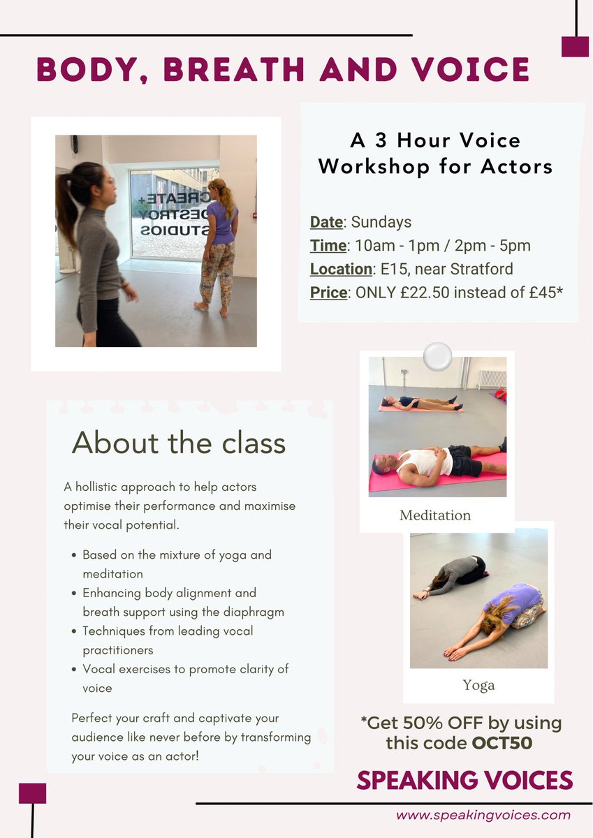 50% OFF COURSE. £22.50 for 3 hour voice workshop 1st, 15th and 29th October ONLY. 

Use the code OCT50