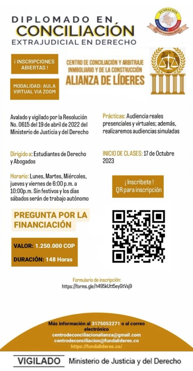 centro_lideres's tweet photo. Ofertamos para ti el #Diplomado en #Conciliación Extrajudicial en #Derecho 
Inicio de clases: 17 de octubre 2023
¡FINANCIACIÓN!
Paga en cuotas 
Contactanos: 317 5052271 https://t.co/Pewvyxh7pD