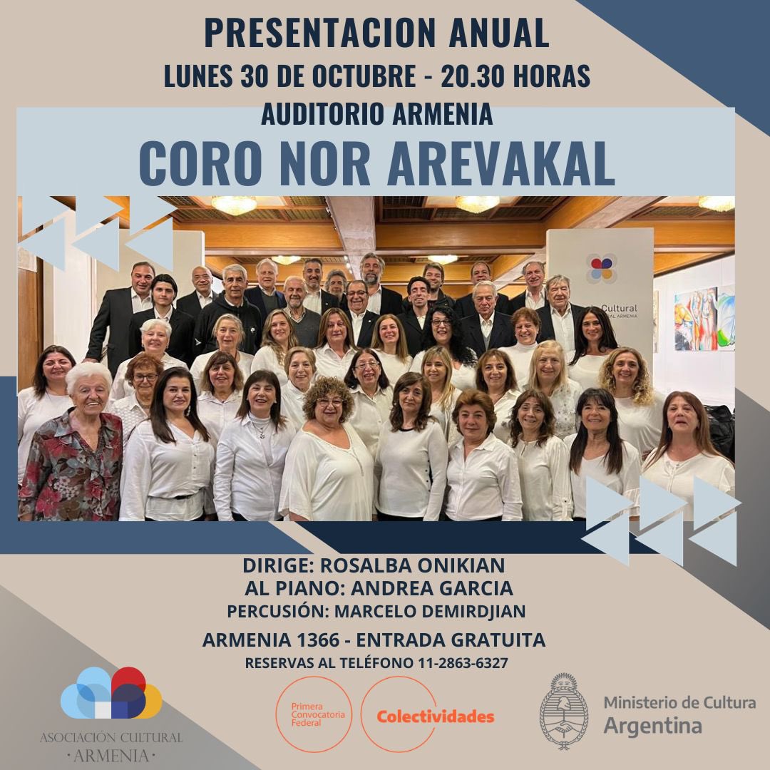 En el mes de la cultura Armenia 🇦🇲 hará su Presentación Anual el Coro Nor Arevakal 🎶 del ACA, dirigido por la Profesora Rosalba Onikian, Andrea García al Piano🎹, Marcelo Demirdjian en 🥁Percusión y mas de 40 Coreutas 🎼. 

Reservas al 11-2863-6327.  

#CoroACA #ACA