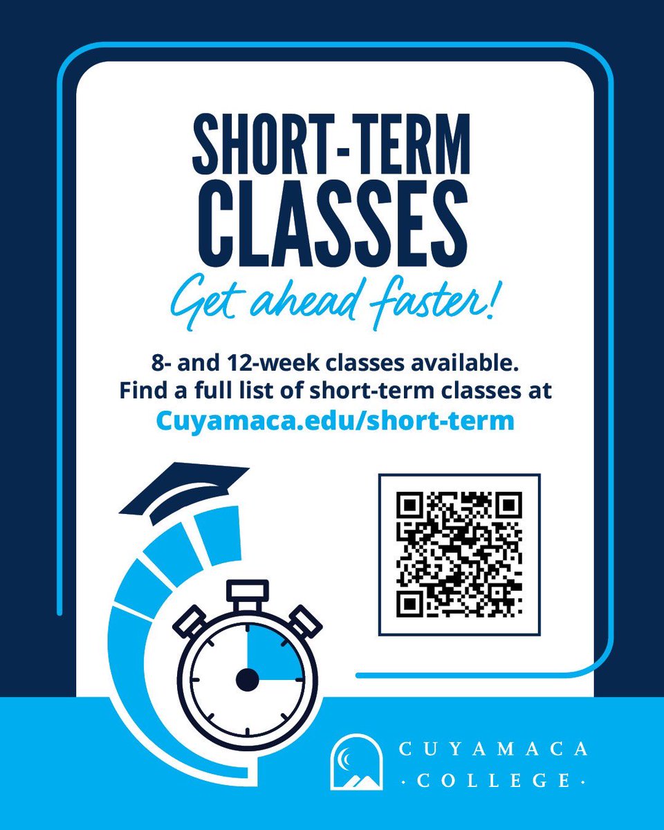 Earn all the credit in half the time!

Short-term classes start Oct. 16. ⏰

Explore your options at cuyamaca.edu/short-term