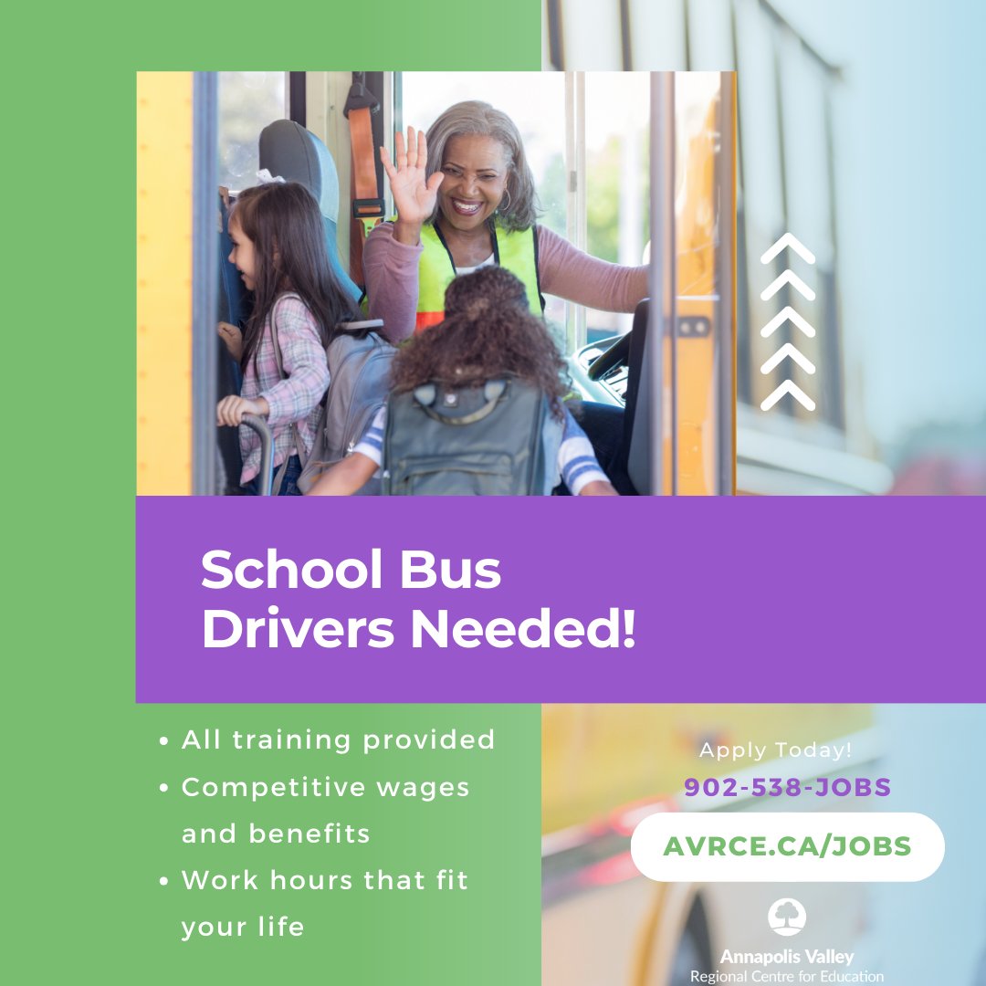 We're hiring school bus drivers! It's a great way to make a difference for students every day. 

We provide all training, we offer competitive wages and benefits, plus working hours that fit your life. 

Call 902-538-JOBS or visit avrce.ca/jobs to apply.