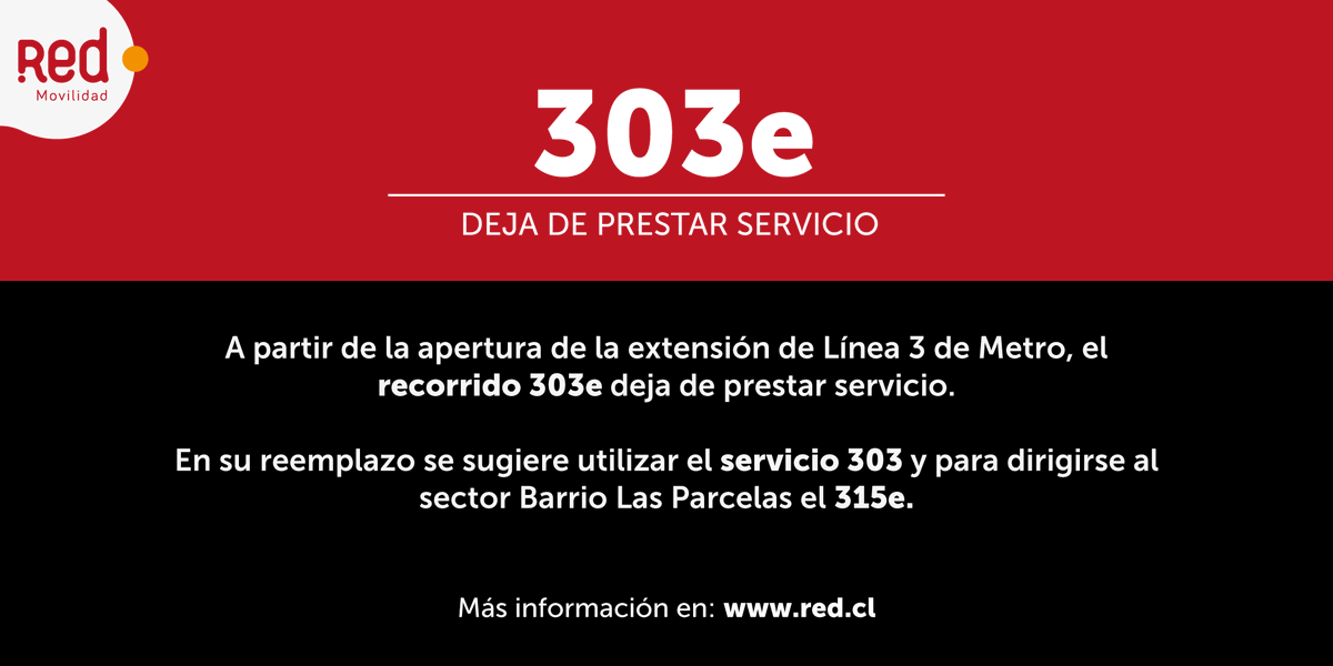 #Alternativas 303e 🚍⁣ Desde el 🗓️lunes 25 de septiembre el recorrido 303e será eliminado por la extensión de Linea 3 de 🚇<a href="/metrodesantiago/">Metro de Santiago</a>. Las alternativas son el recorido 🚍303 y para dirigirse a Barrio Las Parcelas 🚍315e.
