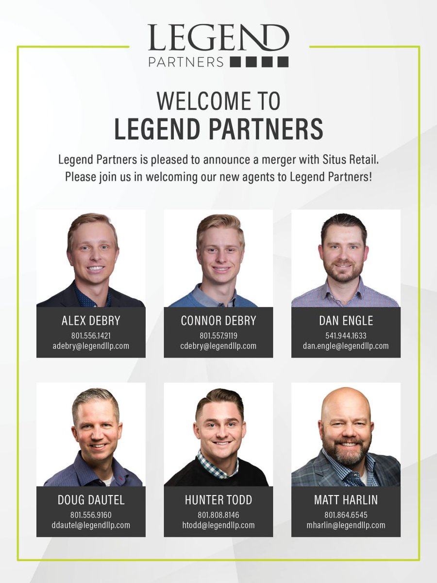 Welcome Alex, Connor, Dan, Doug, Hunter, and Matt to the Legend Partners Salt Lake City office! 👋

#retwit #retailrealestate