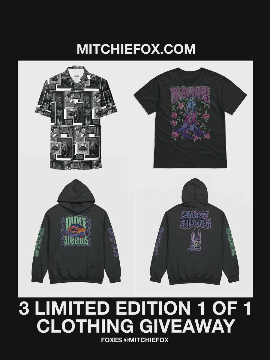 🚨GIVEAWAY PT. 2🚨

LIMITED EDITION 1 OF 1 clothing! These versions will NEVER be sold!
•DT2 monochrome mosaic button up
•Floral Whisperer shirt
•Duke Sucellus/DT2 alternate art hoodie

♻️RETWEET TO ENTER♻️
(3 winners picked on 9/29)