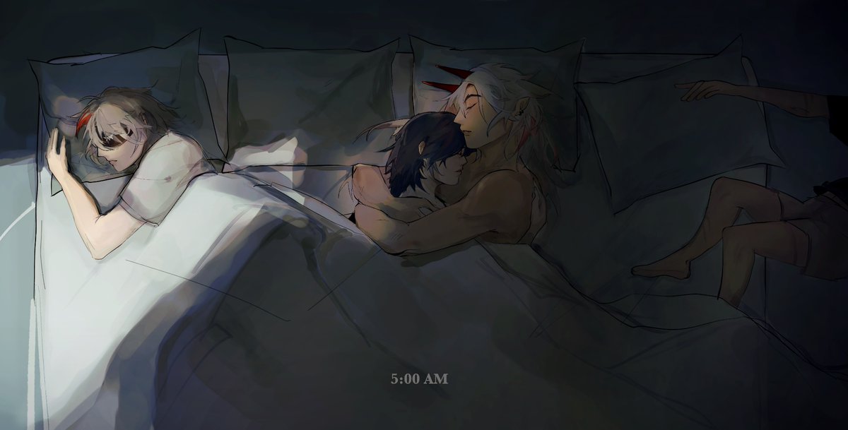 herra0_0's tweet photo. the finished set of drawings !! 
my genshin team sleeping with a touch of ittsr content 🥹💓 they’re so found family coded https://t.co/xJqTAeDFR6