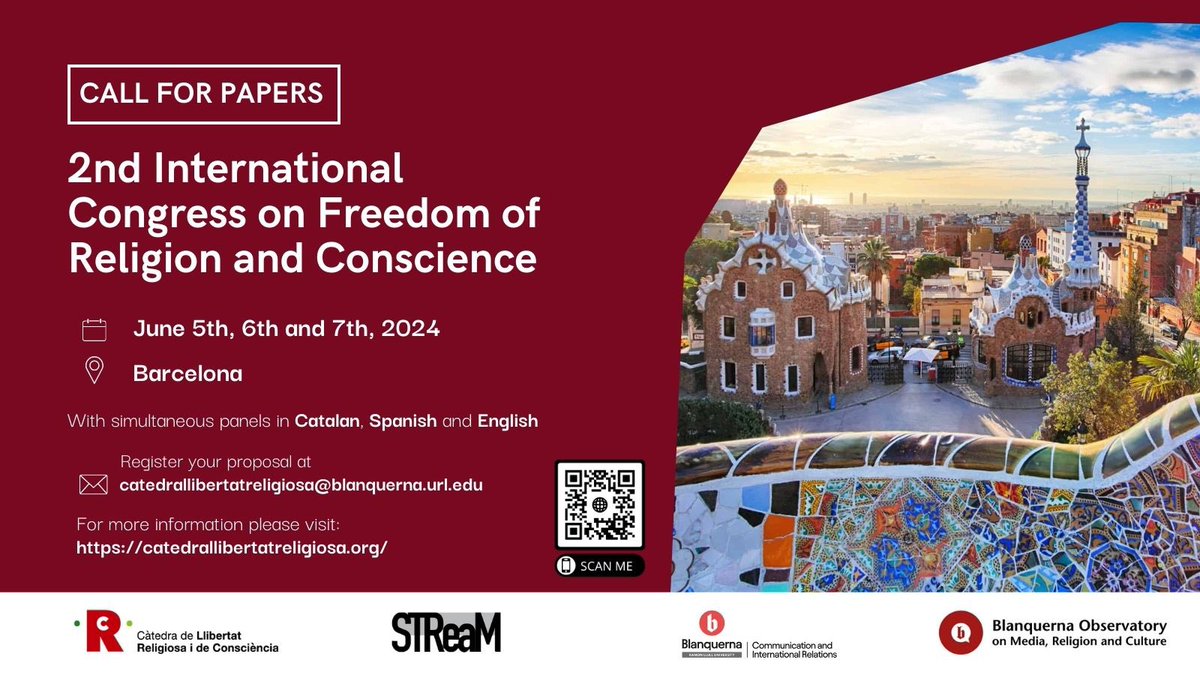 📢 CALL FOR PAPERS!

Be part of the conversation at the Second International #Congress on  #ReligiousFreedom and Conscience in Barcelona on June 5-7, 2024

📩 Submit your proposals by January 31, 2024.

🤝 Your contribution matters!