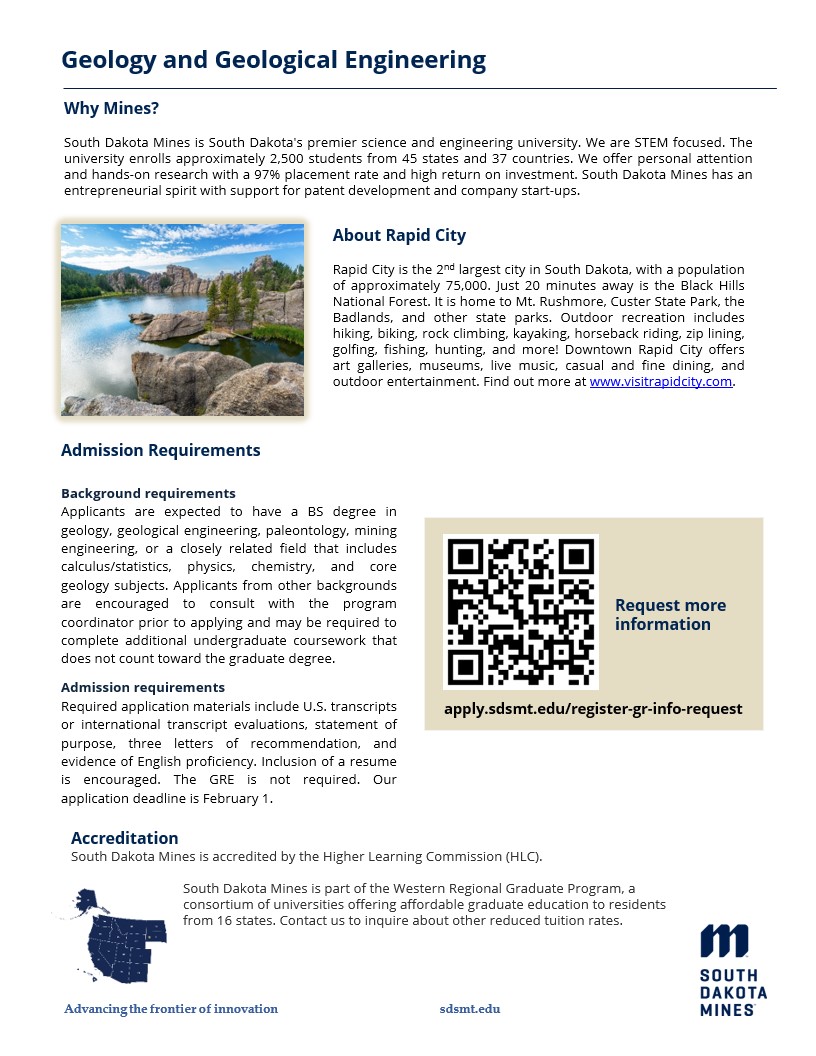 SDSMT_GradEdu's tweet photo. Program Feature Friday! Today we present our Geology and Geological Engineering programs. Do you or someone you know have an interest in this program? Please contact Dr. Li. #southdakotamines #graduateeducation #geology #geologicalengineering #paleontology #miningengineering https://t.co/j4lLhlEZYD