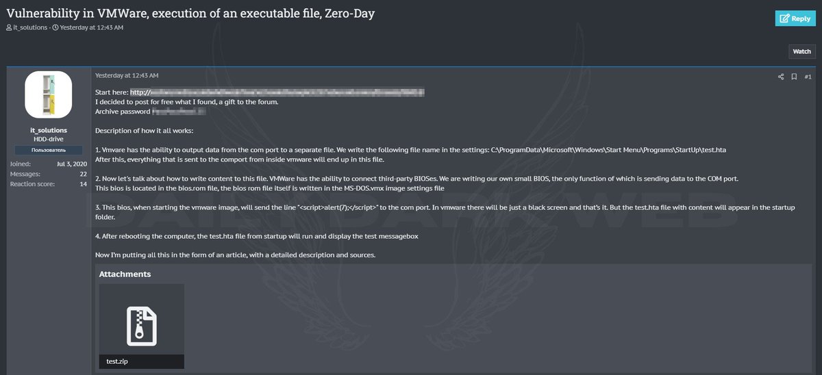 DailyDarkWeb's tweet photo. A threat actor claims to have discovered a zero-day vulnerability in VMware

#DarkWeb #0day https://t.co/gYTBI9MUJO