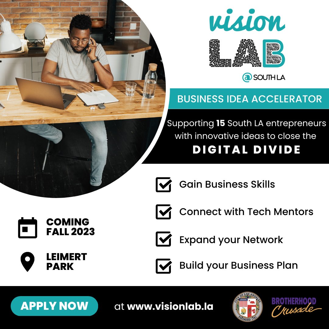 LAEWDD's tweet photo. Do you have a business idea that can help close the Digital Divide in South LA?

VisionLab @ South LA Business Idea Accelerator is looking for 15 entrepreneurs with innovative ideas that can connect more Angelenos in today’s digital world!

Apply by 9/25
➡️https://t.co/I7ViQ7o0cm https://t.co/5oTcQCvNhO