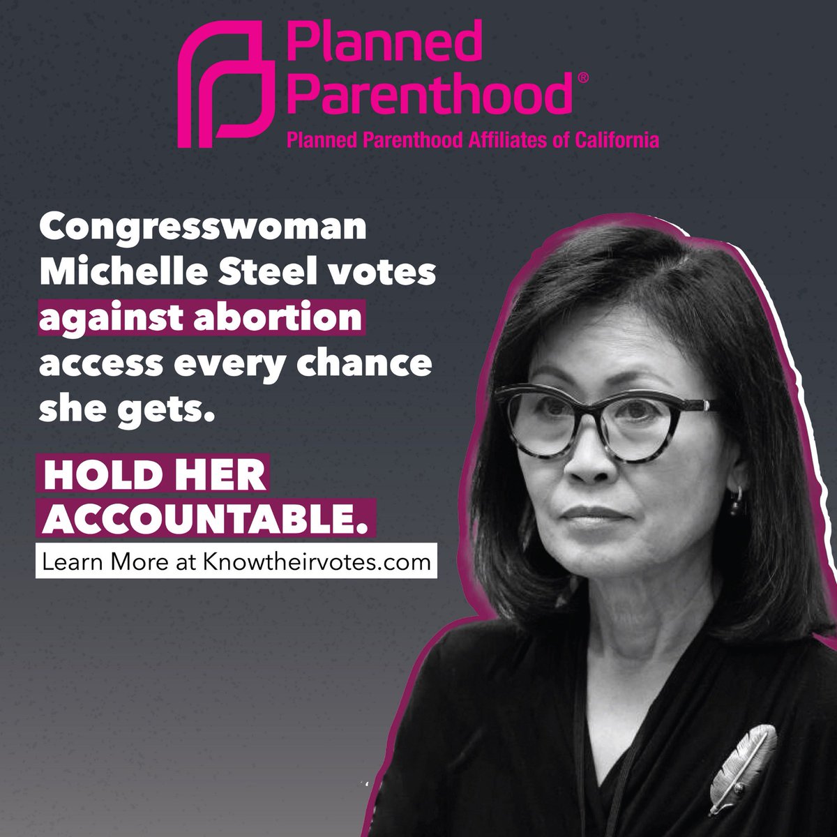 PPActionCA's tweet photo. Congresswoman Michelle Steel's record on abortion speaks for itself. Let's hold her accountable and make informed choices. Visit https://t.co/9Wx2BuDHyc to learn more. ๐ช๐ณ๏ธ #KnowTheirVotes https://t.co/Z7oRsdkNlB