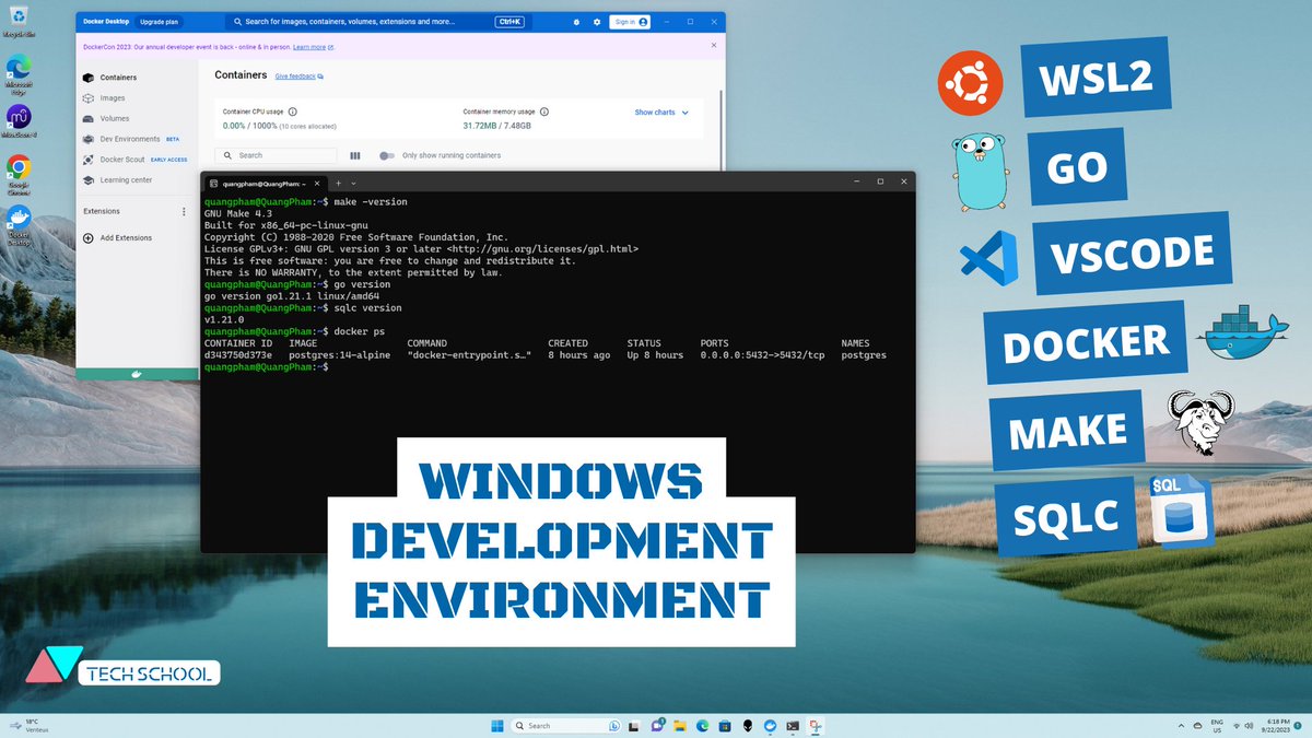 techschoolguru's tweet image. In this video 👉 youtu.be/TtCfDXfSw_0, we&apos;ll learn how to set up development environment on #Windows, including #WSL, #golang, #vscode, #docker, Make, and SQLC
