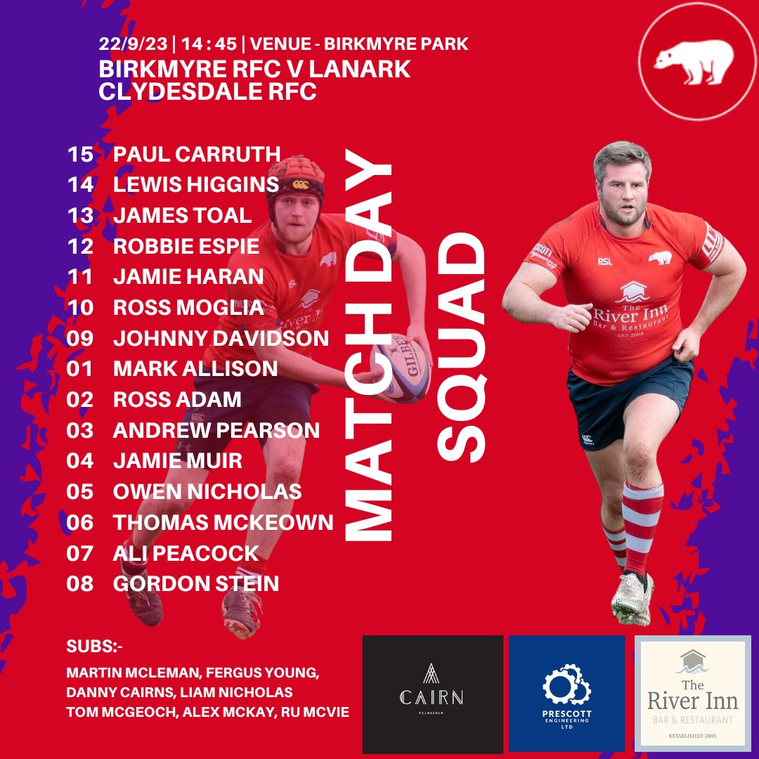 BirkmyreRFC's tweet image. Your squad has been announced for our next league fixture at home tomorrow against Lanark Clydesdale.

Kick off is at 2:45 and we are hoping for a big crowd to cheer on The Bears

@lanarkrugby @rfcClydesdale

#birkmyrerfc #birkmyrerugby #birkmyrerugbyclub