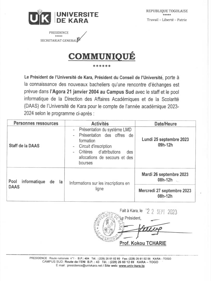 RENCONTRE D'ÉCHANGES AVEC LES NOUVEAUX BACHELIERS POUR LE COMPTE DE L’ANNÉE ACADÉMIQUE 2023-2024.