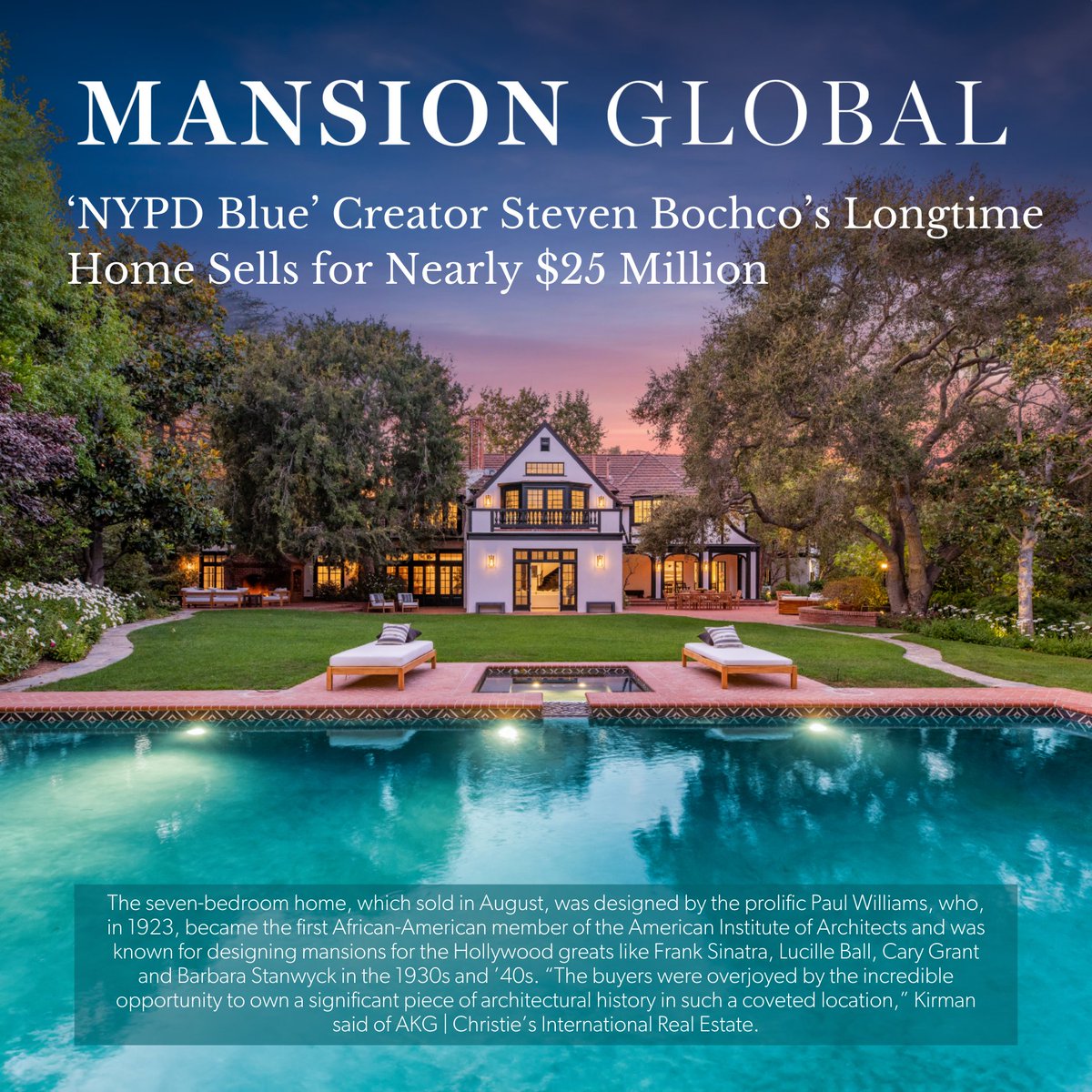 Aaron Kirman (@aaronkirman) on Twitter photo Iconic Hollywood History! The Steven Bochco Estate, Former Home of TV Legend, Sells for Nearly $25 Million in Pacific Palisades π
Discover this Architectural Masterpiece on 1.4 Acres of Luxury Living β‘οΈ
ππππ
π Pacific Palisades, CA
π° $27,495,000
π 7Β BedsΒ β’ 11 Baths β’ Iconic Hollywood History! The Steven Bochco Estate, Former Home of TV Legend, Sells for Nearly $25 Million in Pacific Palisades π
Discover this Architectural Masterpiece on 1.4 Acres of Luxury Living β‘οΈ
ππππ
π Pacific Palisades, CA
π° $27,495,000
π 7Β BedsΒ β’ 11 Baths β’