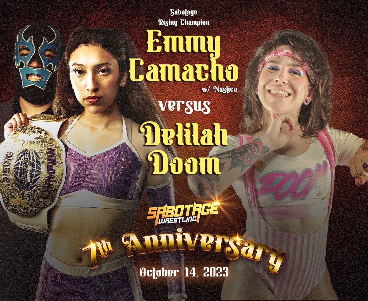 The Rising Championship is on the line as Emmy Camacho (w/Nastico) defends against Delilah Doom at our 7 Year Anniversary on October 14 in Buda, Texas at <a href="/pinballzkingdom/">Pinballz Kingdom</a>!

🎟️: tinyurl.com/SABTIX