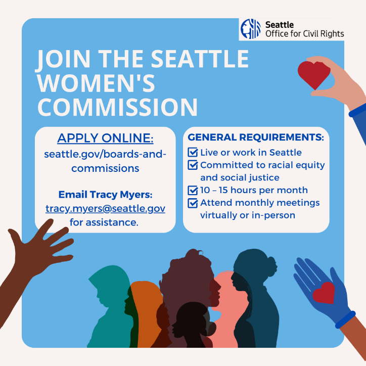 Seattle Office for Civil Rights (@seacivil_rights) on Twitter photo Join <a href="/Seawomenscomm/">Seattle Women's Commission</a> and advise <a href="/SEACivil_Rights/">Seattle Office for Civil Rights</a>, the Mayor, City Council, and City departments in matters affecting women in Seattle. Apply online now:
seattle.gov/boards-and-com…
Learn more about the commission at seattle.gov/womenscommissi… Join <a href="/Seawomenscomm/">Seattle Women's Commission</a> and advise <a href="/SEACivil_Rights/">Seattle Office for Civil Rights</a>, the Mayor, City Council, and City departments in matters affecting women in Seattle. Apply online now:
seattle.gov/boards-and-com…
Learn more about the commission at seattle.gov/womenscommissi…