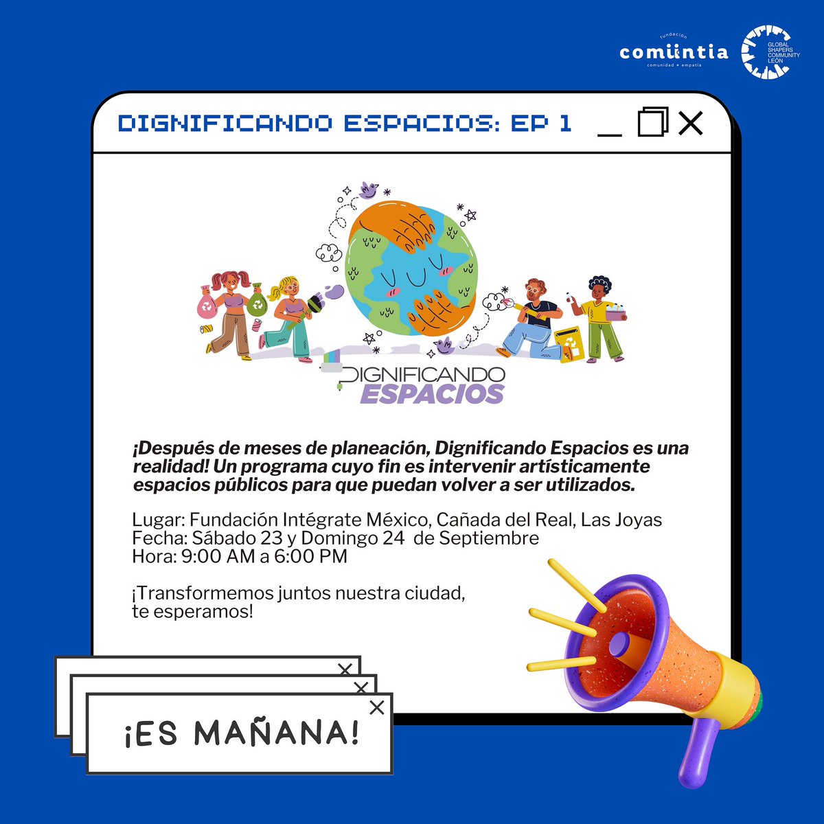 ¡MAÑANA ARRANCAMOS! 🎨 

🔜 Dignificando Espacios, Episodio 1. 

Un proyecto con el que buscamos darle una nueva vida a distintos espacios públicos en León. En esta primera intervención:

🧑‍🎨 Pintaremos 2 canchas 
♻️ Limpiaremos el espacio 

¿Te sumas? ¡Te esperamos!