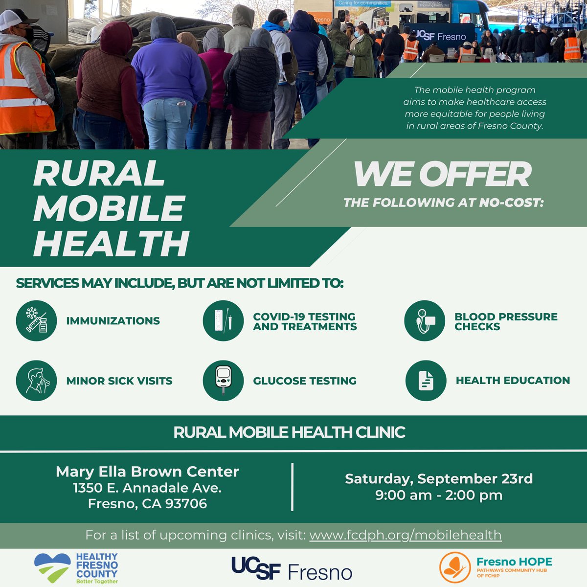 healthyfresnoco's tweet photo. UCSF Fresno is partnering with the Mary Ella Brown Center to host a Rural Mobile Health Event tomorrow from 9:00 am - 2:00 pm.

For a list of upcoming clinics, visit: https://t.co/LSMnLKjXUW

#HealthyFresnoCounty #RuralMobileHealth https://t.co/MY54V829YP