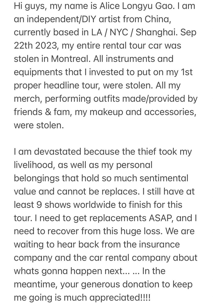 Hi guys, I set up a gofundme page to help me recover faster from the stolen incident. U can read &amp; donate here: gofundme.com/f/algs-tour-em… TY!