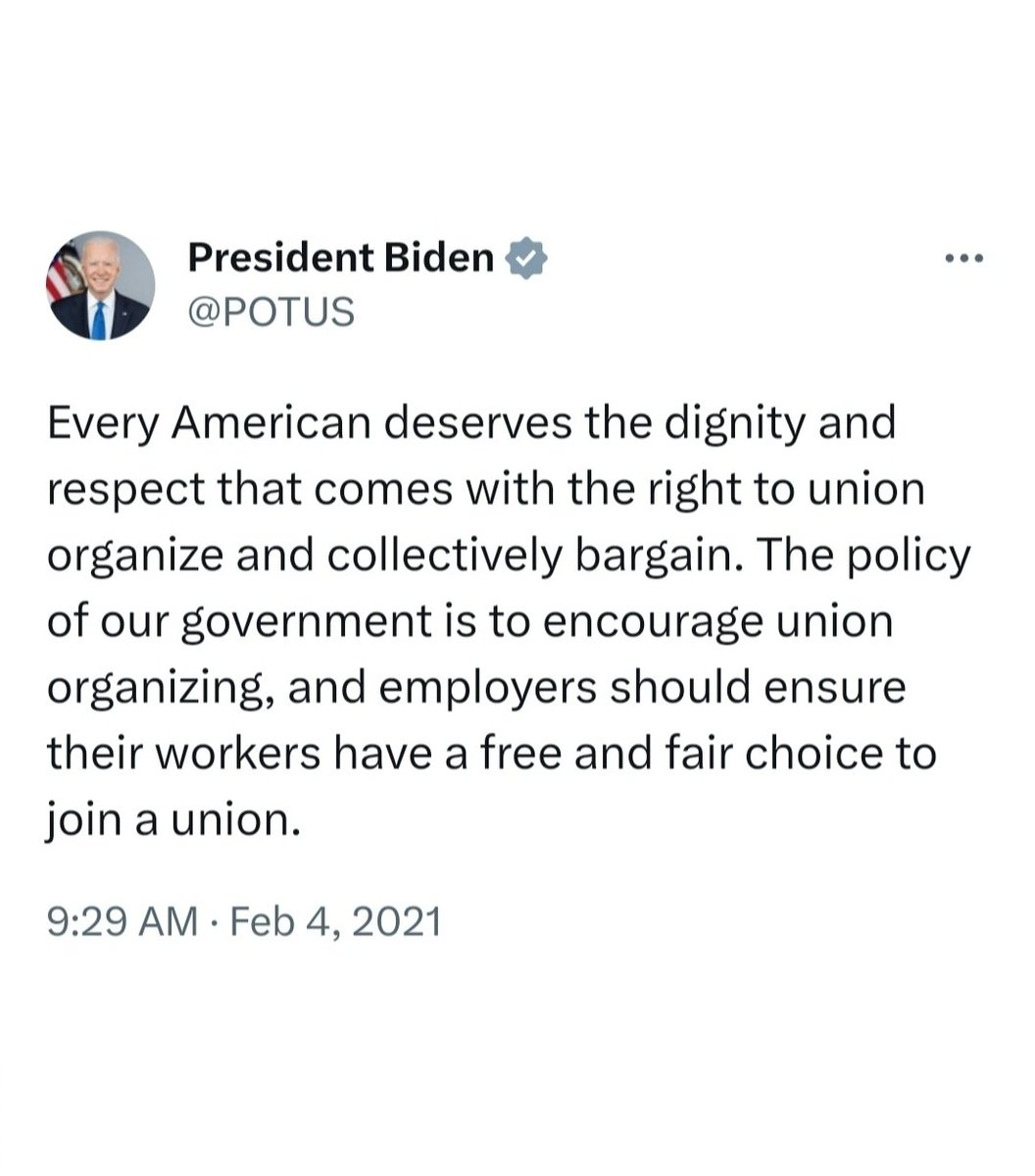 POTUS46Biden's tweet photo. @JoeBiden The policy of our government is to encourage union organizing.

Many non-union American workers choose to neither join nor organize a union for collective bargaining.

Let me be clear: I frankly do not care about you or your jobs.

https://t.co/zPHDtuilip

https://t.co/iKBqZKF2UH https://t.co/2hvhrFS3As
