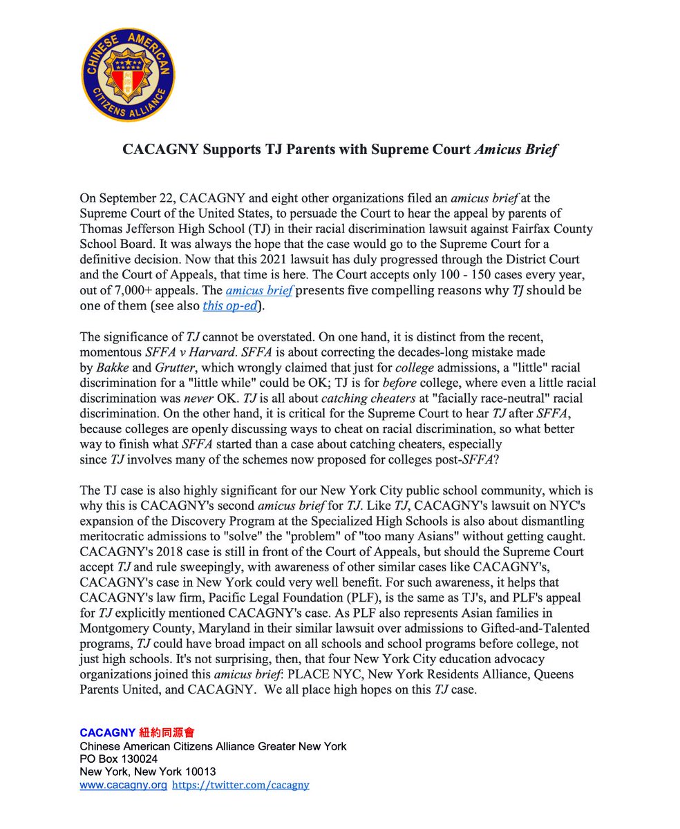 CACAGNY Supports TJ (Thomas Jefferson High School for Science and Technology) Parents with Supreme Court Amicus Brief. Link: supremecourt.gov/DocketPDF/23/2…