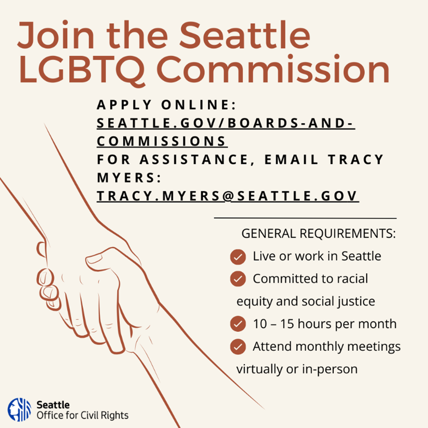 Seattle Office for Civil Rights (@seacivil_rights) on Twitter photo Be a Seattle LGBTQ Commissioner and advise <a href="/SEACivil_Rights/">Seattle Office for Civil Rights</a>, the Mayor, City Council, and City departments in matters affecting the LGBTQ Community. Apply online now:
seattle.gov/boards-and-com…
Learn more about the commission at seattle.gov/LGBTQ Be a Seattle LGBTQ Commissioner and advise <a href="/SEACivil_Rights/">Seattle Office for Civil Rights</a>, the Mayor, City Council, and City departments in matters affecting the LGBTQ Community. Apply online now:
seattle.gov/boards-and-com…
Learn more about the commission at seattle.gov/LGBTQ