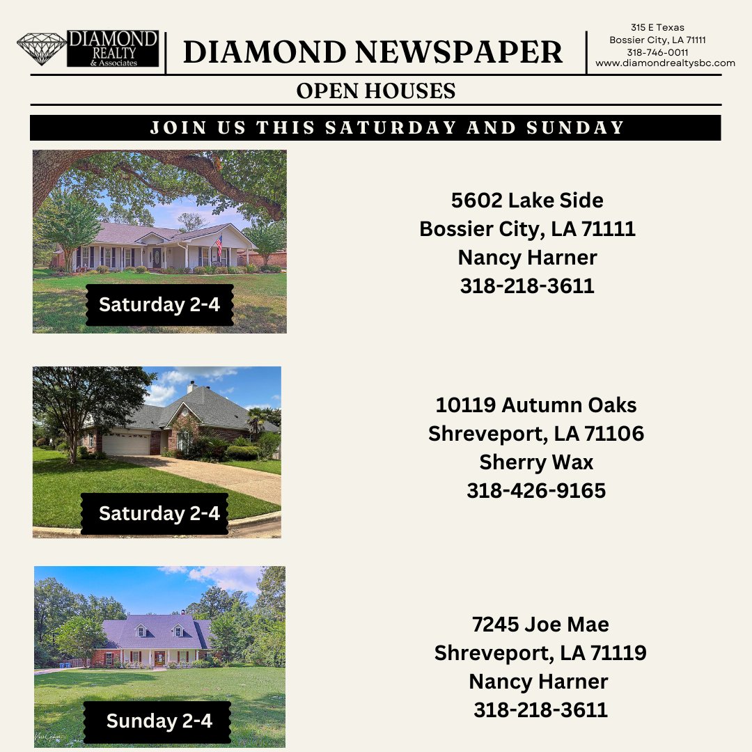 📷 Join us at our Open Houses this weekend! 📷
#DiamondRealtyAssociates #diamonddifference #louisianahomes #bossiercityrealesate #shreveport #benton #haughton #greenwood #openhouse #openhousesaturday #openhousesunday