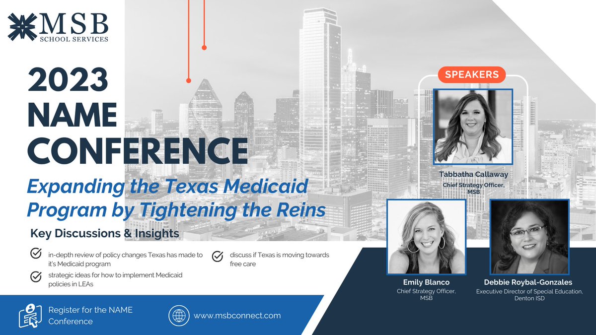 Our team at MSB, along with Debbie Royal-Gonzales, Executive Director of Special Education in Denton ISD, is excited to present at the upcoming NAME Conference in Dallas. During our session, you will be provided a detailed overview of the policy changes implemented by Texas.