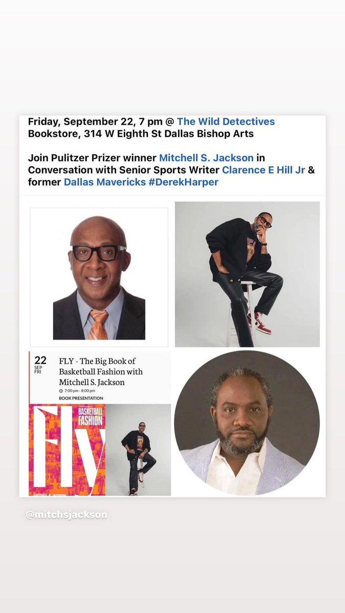 LitnightDallas's tweet photo. Friday, September 22, 7 pm @ The Wild Detectives Bookstore, 314 W Eighth St Dallas Bishop Arts

Join Pulitzer Prizer winner @MitchSJackson  in Conversation with Senior Sports Writer @clarencehilljr &amp; former @dallasmavs #DerekHarper 
@PENamerica @DallasLiterary https://t.co/QtDjBqNEMc