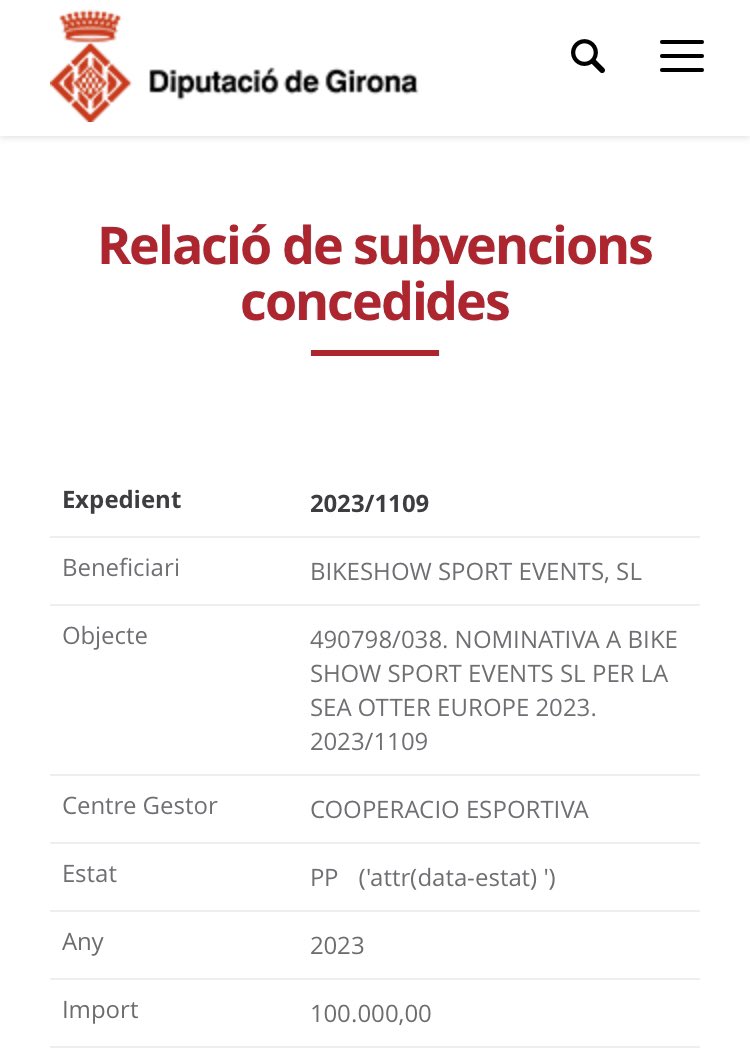 📣L’empresa Bike Show Events S.L q organitza <a href="/SeaOtterEurope/">Sea Otter Europe</a> rep:
1. Subvenció @girona_cat =65.000€
2. Subvenció <a href="/DiputacioGirona/">Diputació de Girona</a> =100.000€
3. Subvenció Patronat Turisme Costa Brava ( <a href="/DiputacioGirona/">Diputació de Girona</a> ) = 50.000€ ? ( no ho hem trobat prò d’altres anys era així)

I seguim👇🏾
1/4