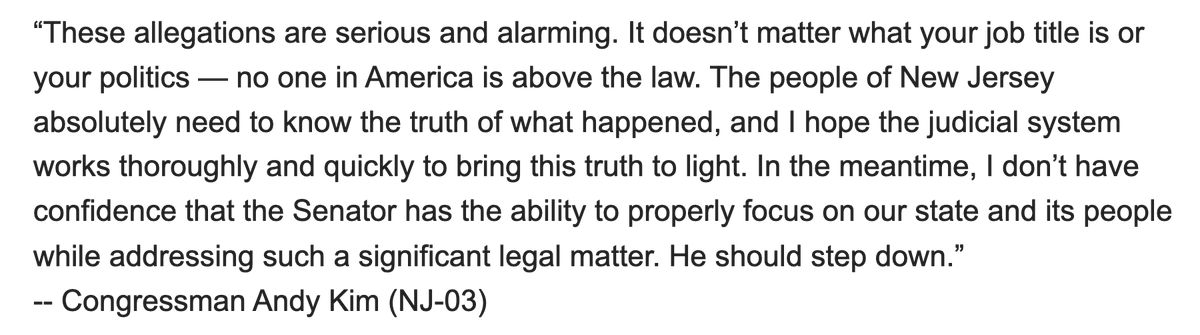 N.J. Rep. Andy Kim calls for fellow N.J. Dem Menendez to resign. 'I don’t have confidence that the Senator has the ability to properly focus on our state and its people while addressing such a significant legal matter. He should step down.” First reported by @wildstein