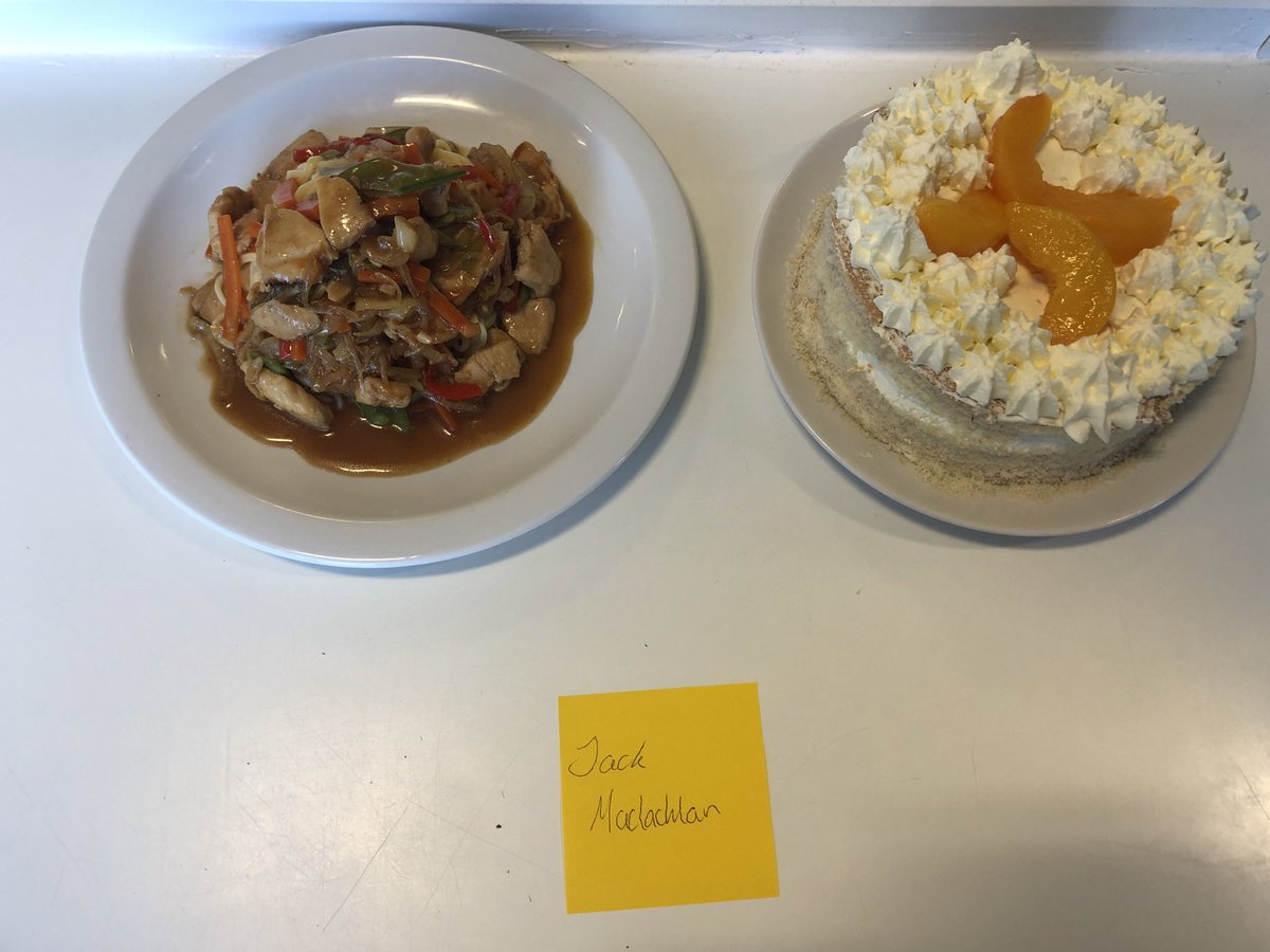 HomeEcPrestwick's tweet photo. National 5 Practical Cookery pupils have been learning how to dovetail recipes this week. They made stir fried chicken with noodles and a Peach and coconut gateau! We are so proud of their achievements @pwkacademy #aimhigh #feedingminds #organisationalskillsforcookong https://t.co/F3ziGEDyd0