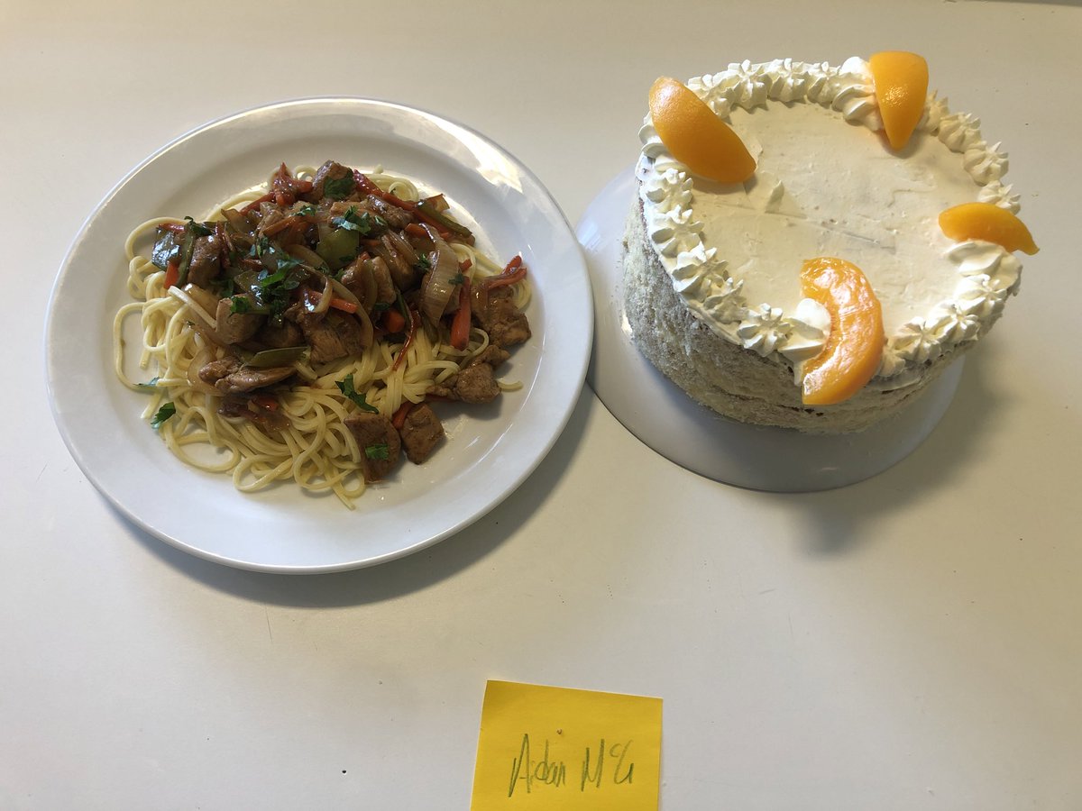 HomeEcPrestwick's tweet photo. National 5 Practical Cookery pupils have been learning how to dovetail recipes this week. They made stir fried chicken with noodles and a Peach and coconut gateau! We are so proud of their achievements @pwkacademy #aimhigh #feedingminds #organisationalskillsforcookong https://t.co/F3ziGEDyd0