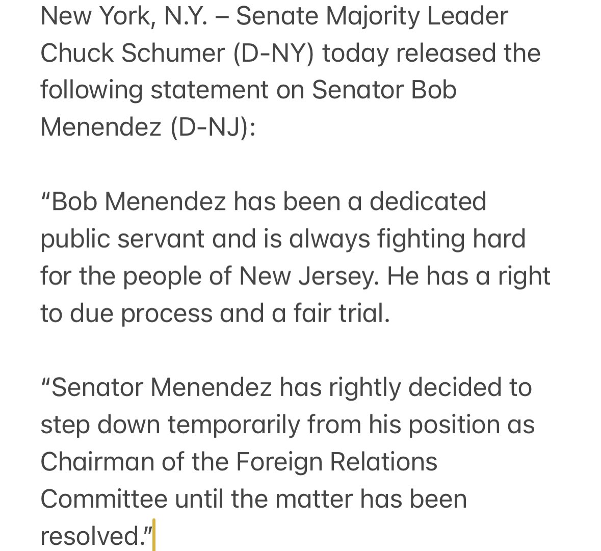 Senator Menendez OUT!

Yeni- Senato Çoğunluk lideri Schumer;

"Senatör Menendez haklı olarak sorun çözülene kadar Dış İlişkiler Komitesi Başkanlığı görevinden geçici olarak ayrılmaya karar verdi.”