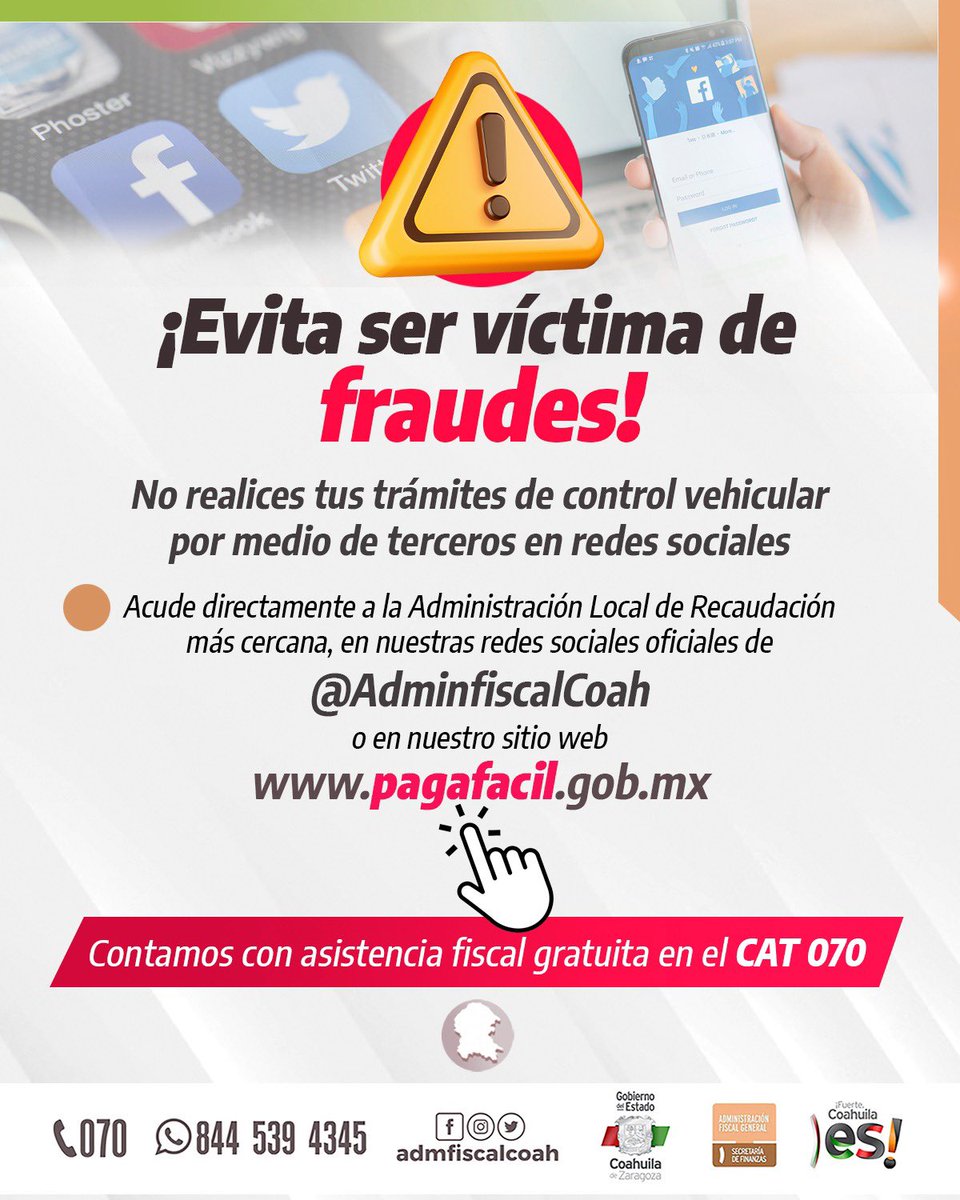 Aviso importante! No hagas nada a través de terceros, acércate con nosotros. Estamos para servirte! #Coahuila #AdministraciónFiscalGeneral