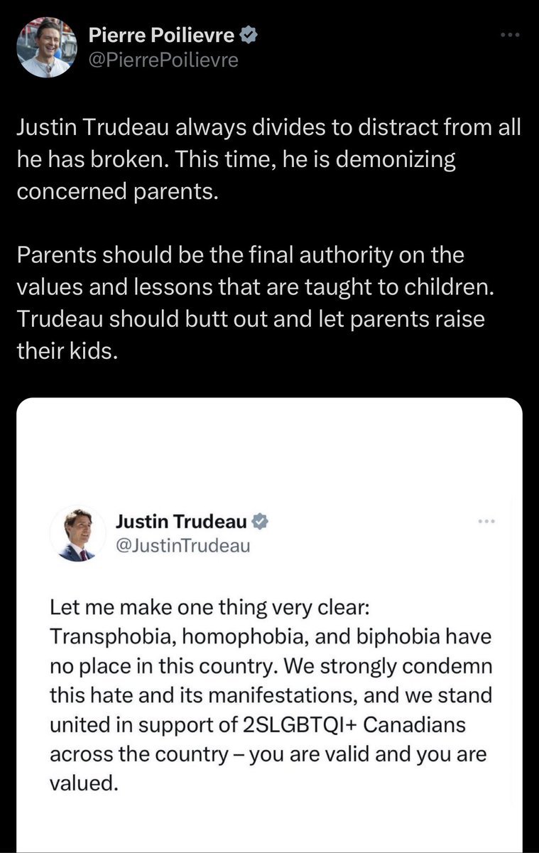This is tweet from Poilievre is deeply disturbing. 

There were swastikas at this rally. Kids yelling that gay people are “psychopaths” and “disgusting.”

Poilievre’s response to Trudeau condemning this hate? “Butt out.”

This shouldn’t be partisan. It’s about human rights.