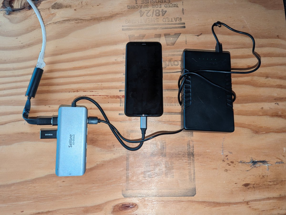 ScottPribil's tweet photo. Desperate times require desperate measures.
Straight Talk data plan on a Pixel 4 to a mini docking station for power and USB-C network adapter. Not fast... but I am online.

Now to debate whether CenturyLink fiber is worth days of outage. https://t.co/BI4CqD0Yxj