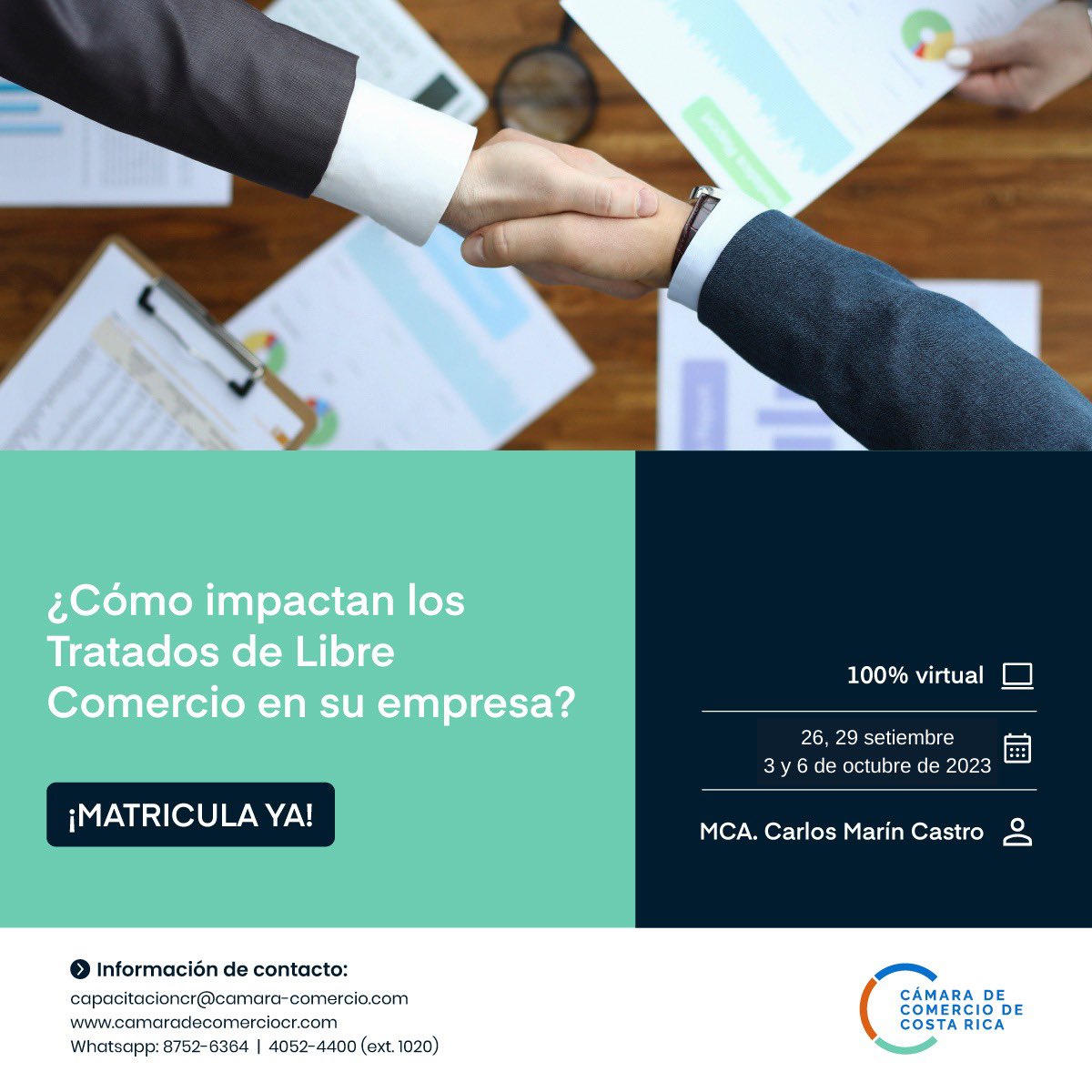 La Cámara de Comercio de Costa Rica  le invita a participar de la capacitación:  ¿Cómo impactan los Tratados de libre comercio en su empresa?. 

LINK de Inscripción: lc.cx/IrKjOV
Más información y Compra en línea: shorturl.at/nxDS3